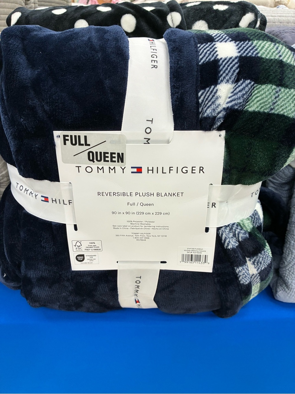 Tommy Hilfiger Navy Plush Blanket with Green & White Plaid